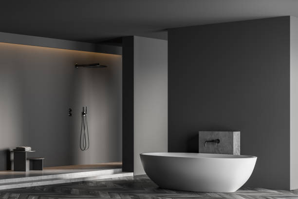 istock White bathtub and shower in dark bathroom with window 1312290940