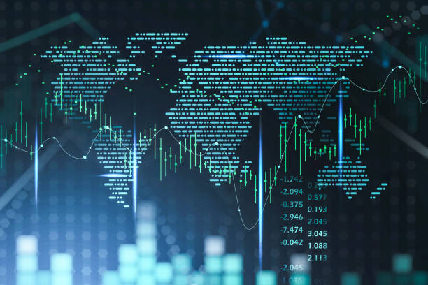 istock Digital world map with green rising graph lines and candlesticks 1312291045