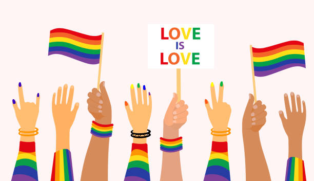 lgbt 驕傲月假期， 人們舉著標誌， 橫幅和標語牌與 lgbt 彩虹和變性人旗幟。舉起同性戀遊行。向量插圖 - pride month 幅插畫檔、美工圖案、卡通及圖標