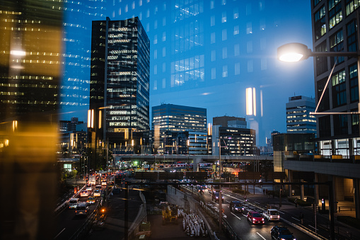 An aerial view of the illuminated skyline of Frankfurt am Main, Germany at night