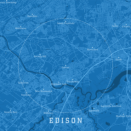 Edison NJ City Vector Road Map Blue Text. All source data is in the public domain. U.S. Census Bureau Census Tiger. Used Layers: areawater, linearwater, roads.