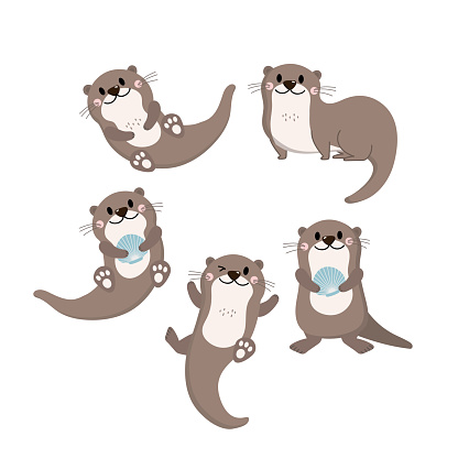Cute otter and shellfish vector. Happy animal wildlife cartoon character set.