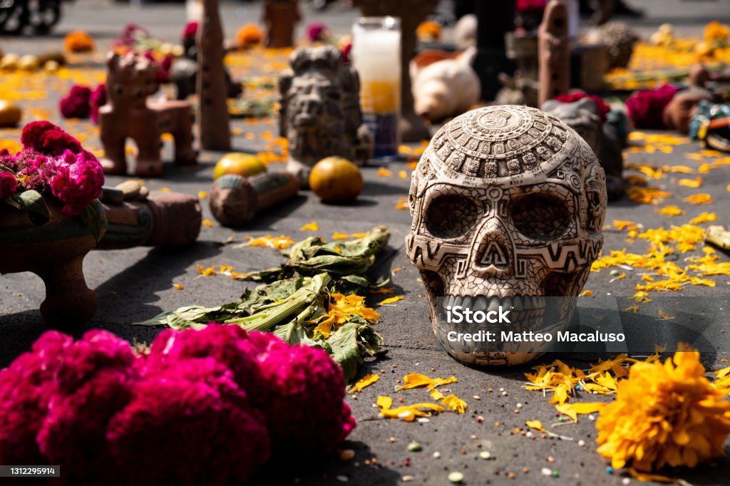Day of the Dead shrine Day of the dead shrine with skull and marigolds  in the main square of Mexico City (zocalo) Day Of The Dead Stock Photo