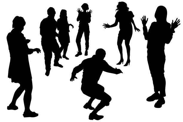 ilustraciones, imágenes clip art, dibujos animados e iconos de stock de siluetas vectoriales de un grupo de bailarines, hombres y mujeres en diferentes poses de baile. un grupo de 7 personas, 5 chicas, 2 chicos. un hombre se agacha en un baile. una mujer con un vestido - crouching silhouette men people