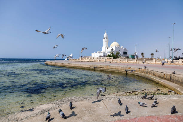 Small white mosque built on the Corniche right on the shores of the Red Sea in Jeddah, Saudi Arabia stock photo