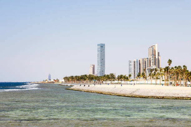 Skyline on the Corniche, promenade on the shores of the Red Sea in downtown Jeddah, Saudi Arabia stock photo