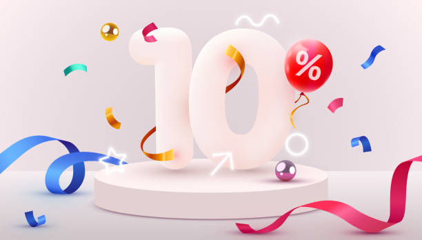 illustrazioni stock, clip art, cartoni animati e icone di tendenza di sconto del 10%. simbolo di vendita 3d con oggetti decorativi, palloncini a forma di cuore, coriandoli dorati, podio e confezione regalo. vendi striscione e poster. - number 10 percentage sign number financial figures