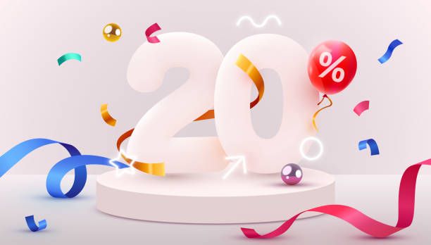 istock 20 percent Off. Discount creative composition. 3d sale symbol with decorative objects, heart shaped balloons, golden confetti, podium and gift box. Sale banner and poster. 1312299474