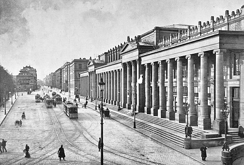 Königstrasse is Stuttgart's main shopping street. It is 1.2 kilometers long and is one of the busiest shopping streets in Germany. Photography from 19th century.