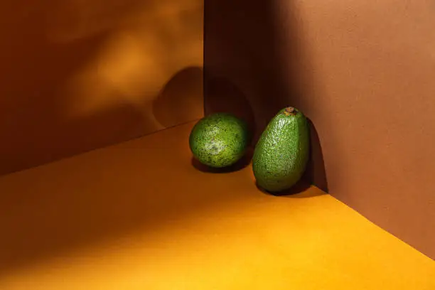 Two fresh avocados on lie on a brown background