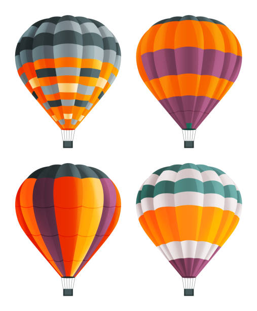 Set of four colorful hot air balloons. Aircraft, aerostat, floating airy machine. Flat image Set of colorful balloon for flights. Hot aircraft. Flying in the clouds on bright airship. Cartoon airy flying hot air machines. Varicoloured stripes aerostats. Balloons festival. Flat image balloon symbols stock illustrations