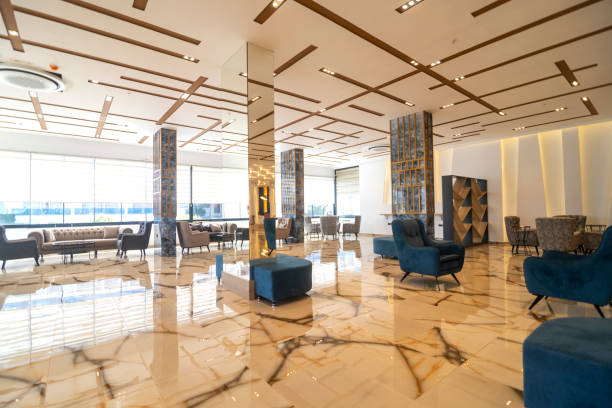istock Lobby entrance with reception desk and lounge area 1312305443