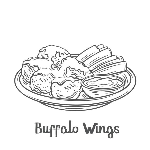 Buffalo Wings outline icon. Buffalo Wings outline vector icon. Drawn roasted chicken wings with celery stalks on a platter and sauce. black meat tray stock illustrations