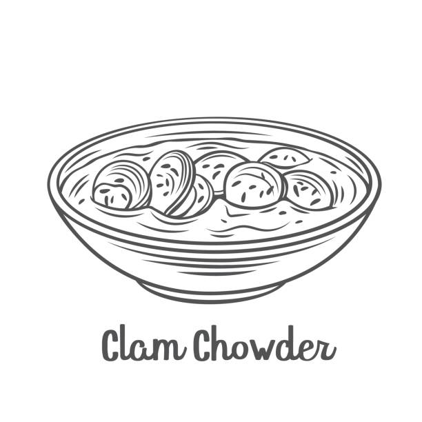 Clam chowder soup bowl outline icon Clam chowder soup bowl outline vector icon. Drawn Traditional American cream soup with clams and broth. Chowder stock illustrations