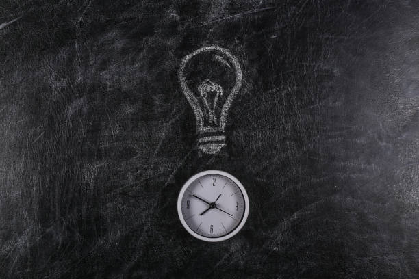 istock I have an idea! Clock with a painted light bulb on a chalk board 1312306516