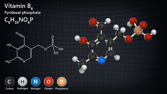 Molecular structure of Vitamin B6(Pyridoxal phosphate). 3D illustration. Chemical structure model: Ball and Stick.