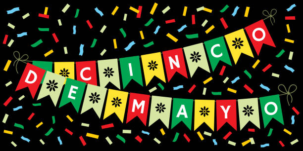 cinco de mayo feiert karte mit bunten ammerfahnen und konfetti. - mexico mexican culture carnival paper stock-grafiken, -clipart, -cartoons und -symbole