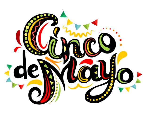 ilustraciones, imágenes clip art, dibujos animados e iconos de stock de celebrando la tarjeta con letras ornamentadas brillantes del cinco de mayo. - arriba de