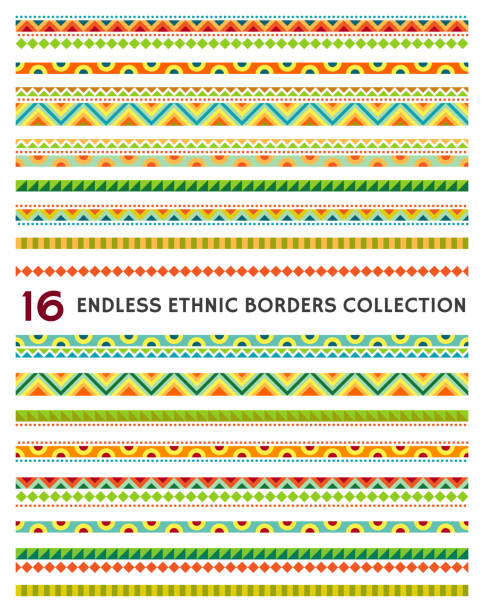 Collection of endless Mexican style festive ornamental borders useful for pattern brushes. Sixteen colorful aztec motives. Isolated design elements. Ethnic shapes set for making custom frame, border, divider or page decoration. Vector illustration. mexican culture stock illustrations