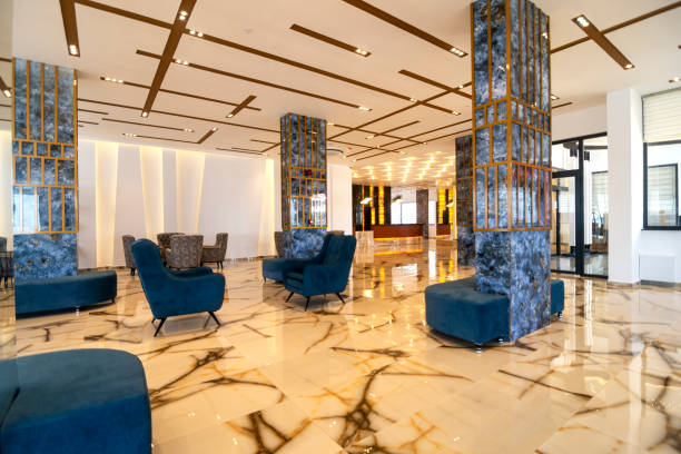istock Lobby entrance with reception desk and lounge area 1312311022