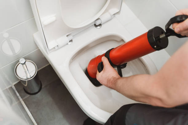 istock Plumber unclogging toilet with professional force pump cleaner. 1312311860