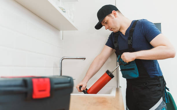 istock Plumber unclogging kitchen sink with professional force pump cleaner. 1312311872
