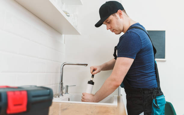 istock Plumber unclogging kitchen sink with professional force pump cleaner. 1312311873
