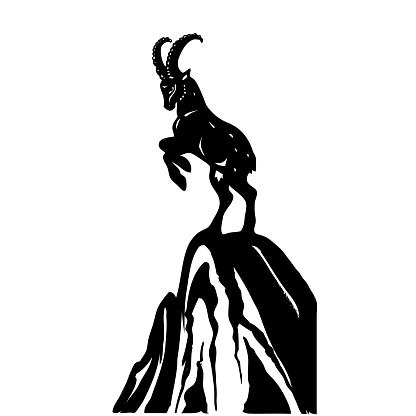 Silhouette of a mountain goat on a rock. Vector illustration.