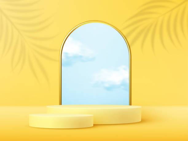подиум дисплея продукта украшенный реалистичным облаком и золотой рамкой на желтом фоне - posing cloud sky window stock illustrations