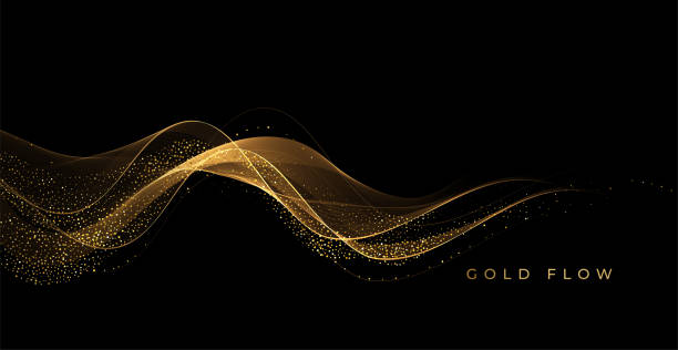 Abstract Gold Waves. Shiny golden moving lines design element with glitter effect on dark background for greeting card and disqount voucher. - ilustração de arte vetorial