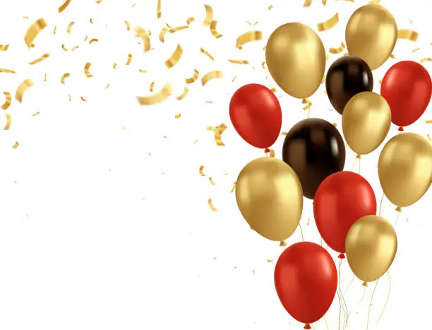 Vector illustration of Red, black and gold balloons and golden confetti. Vector glossy realistic baloon on transparent background