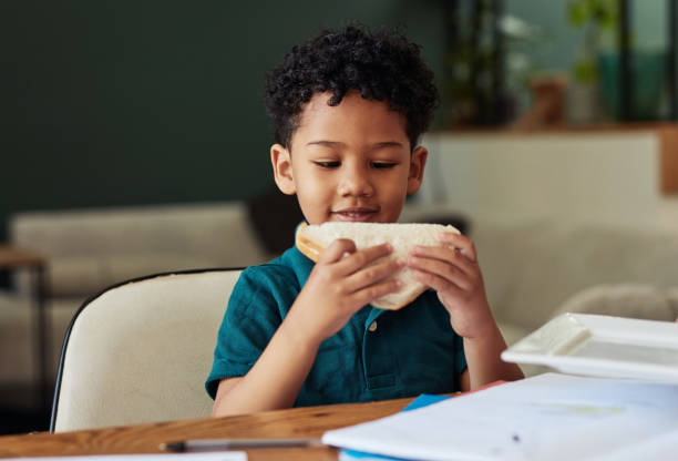 Just like school with tastier food Shot of an adorable little boy eating a sandwich while completing a school assignment at home food elementary student healthy eating schoolboy stock pictures, royalty-free photos & images