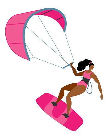 A girl on a board is engaged in kitesurfing.