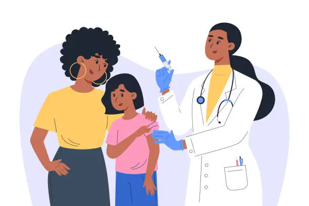 Vector illustration of A female doctor in a mask and gloves makes a vaccine to a a child patient