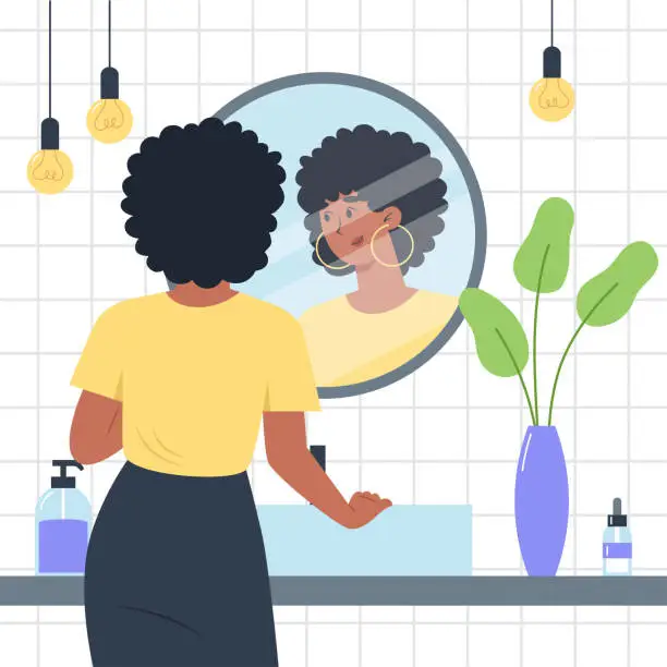 Vector illustration of Everyday personal care, skincare daily routine, woman stands in front of a mirror in the bathroom and looks at herself in reflection