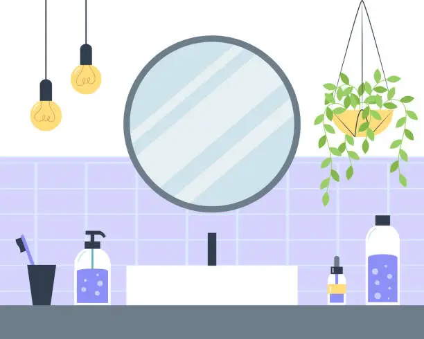 Vector illustration of Interior of bathroom with washbasin and round mirror, flat style