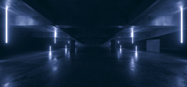 istock Realistic Hangar Warehouse Concrete Dark Cement Asphalt Laser Neon Glowing Blue Line Fluorescent Lights Club Showroom Garage Cyber Background 3D Rendering 1312313833