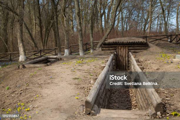 A Trench Fortified With Logs With A Dugout Victory Day The Second World War Monument To The Fallen Soldiers Stock Photo - Download Image Now