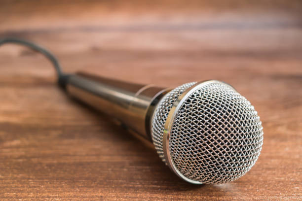 istock Close-up silver musical microphone for singing in karaoke or on stage 1312313863
