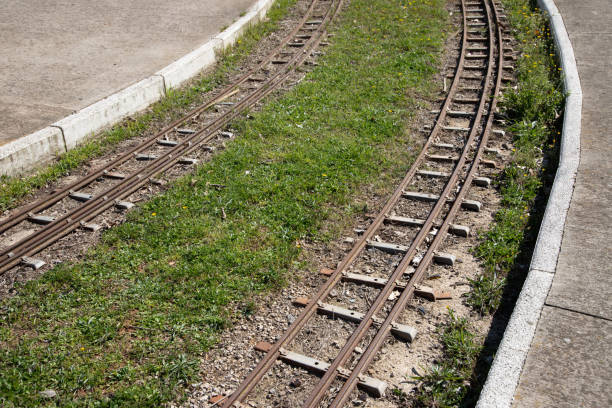 Small kids train railways close up. Europe rail train in mini version