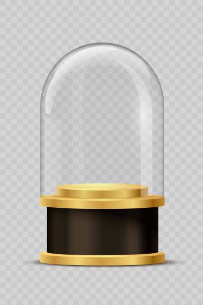 istock Round podium with glass dome and golden ring on transparent background. 3d pedestal for product vector illustration. Gold stage with circle glowing. Abstract realistic decoration 1312315139