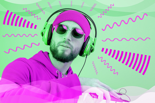 Pop art style collage. Funky bearded hipster DJ in headphone and sunglasses. Listening streaming music in smartphone player app. Contemporary art poster. Rave music nightclub party. Minimal concept.