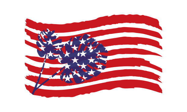 istock Vector illustration of USA flag with decorative tropical leaves 1312317512