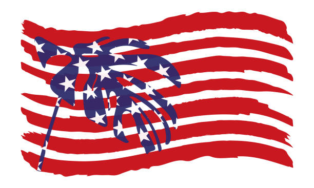 istock Patriotic vector illustration with tropical leaf on the USA flag 1312317724