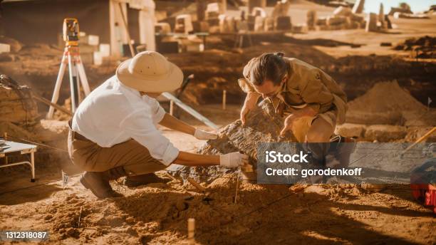 Archaeological Digging Site Two Great Archeologists Work On Excavation Site Carefully Cleaning Lifting Newly Discovered Ancient Civilization Cultural Artifact Historic Clay Tablet Fossil Remains Stock Photo - Download Image Now