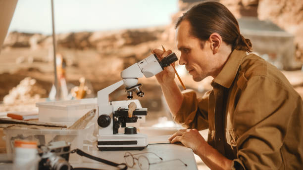 Archaeological Digging Site: Great Male Archaeologist Doing Cultural Research, Discovers Ancient Civilization Historical Artifacts, Fossil Remains at Excavation Site, Study it Under Microscope Archaeological Digging Site: Great Male Archaeologist Doing Cultural Research, Discovers Ancient Civilization Historical Artifacts, Fossil Remains at Excavation Site, Study it Under Microscope paleontologist stock pictures, royalty-free photos & images