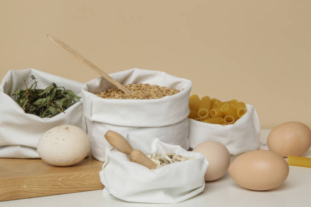 istock Various groceries in reusable textile bags. Plastic free delivery from bulk store. Suistainable and zero waste food shopping. 1312319208