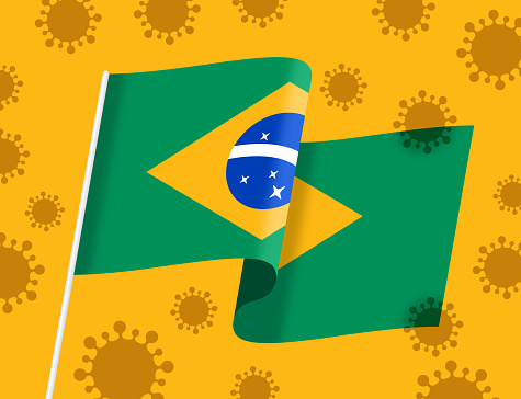 Brazilian flag with Brazil coronavirus variant genetic COVID-19 mutation.