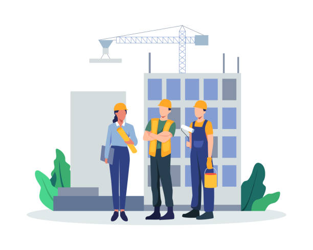 Team of builders and industrial workers Contractors working on architecture project. Colleagues in uniform and hard hats. Man and woman industry or construction employees. Vector in flat style building contractor illustrations stock illustrations