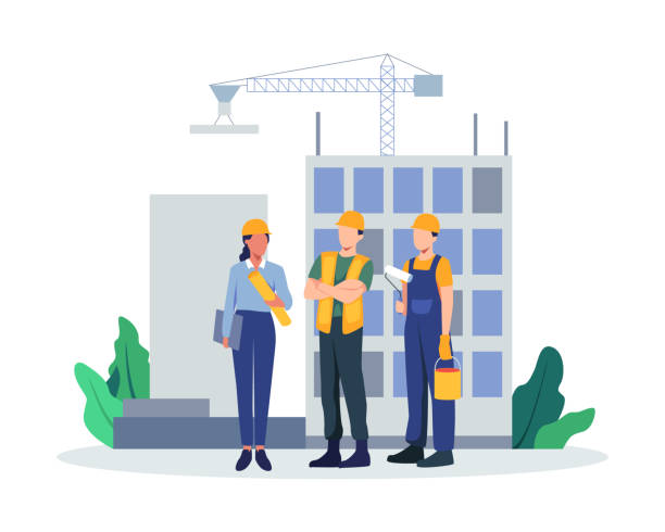 Team of builders and industrial workers Contractors working on architecture project. Colleagues in uniform and hard hats. Man and woman industry or construction employees. Vector in flat style architect illustrations stock illustrations